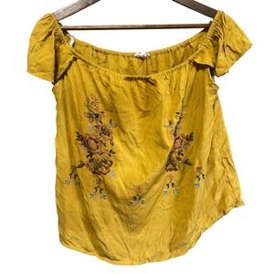MINE Off The Shoulder Top Womens Large Mustard Yellow  Floral Embroidered